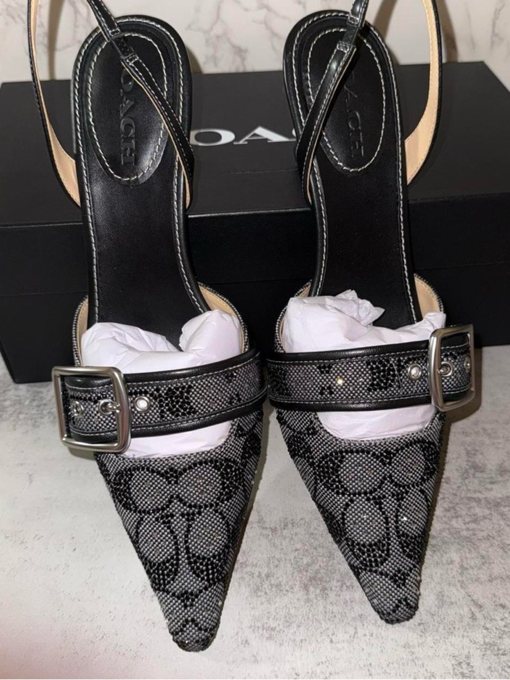 Coach Women’s Margot Slingbacks Signature Kitten Heels Black Crystal - Picture 8 of 9